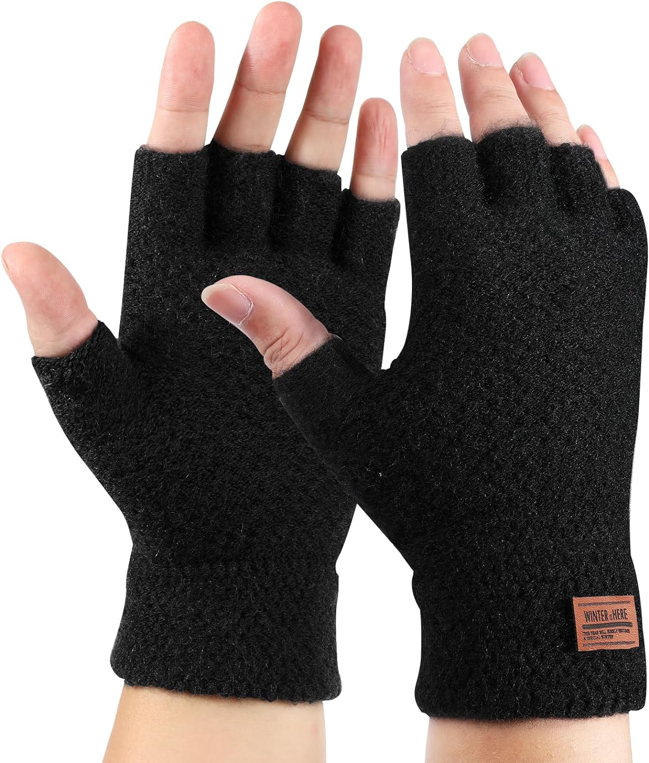 Winter Thermal Fingerless Gloves for Men Women, Warm knitted Half Finger Mittens, Black